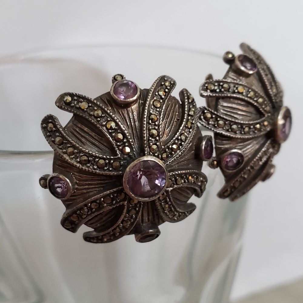 Gunmetal with Amethyst Crystals Clip On Earrings